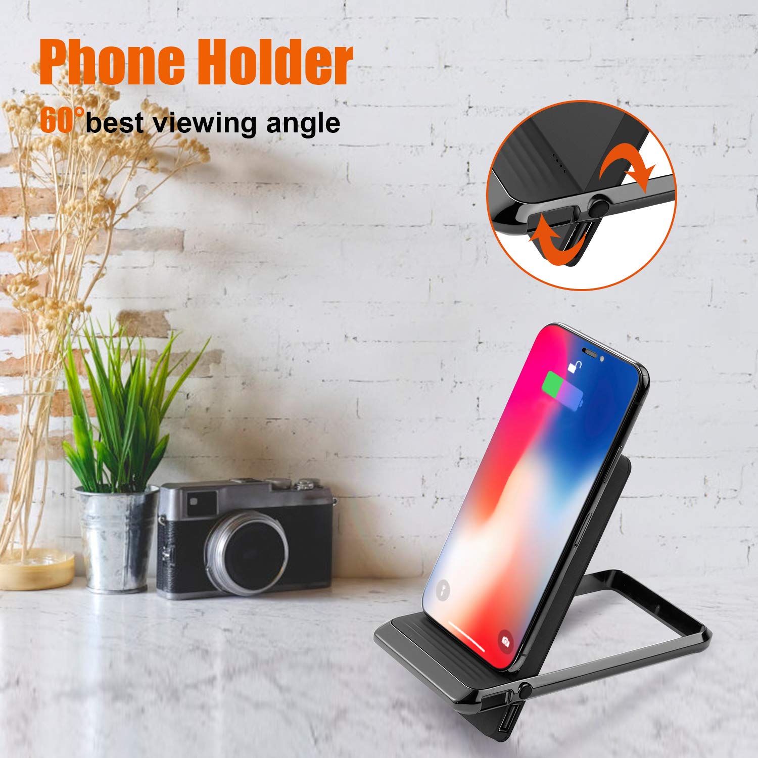 Wireless Portable Charger, AIRGINE QI Wireless Power Bank with Folding Stand for iPhone Xs/XR/X /8 /8p, ipad, Samsung S10 /S9 /Note9 and More (AC Adapter+USB Cable Included)