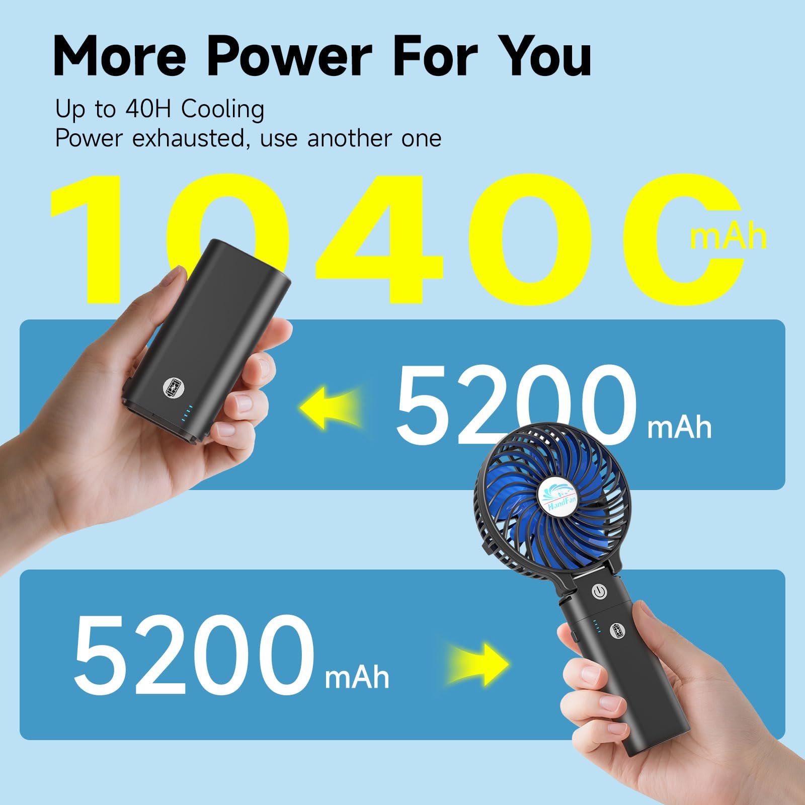 HandFan 10400mAh Powerful Handheld Fan, 40Hrs Long-Lasted Hand Fan Rechargeable, Mini Personal Fans Foldable, Heavy Duty Battery Fans Portable for Travel Beach Concerts Cruise Makeup(Blue Blade)
