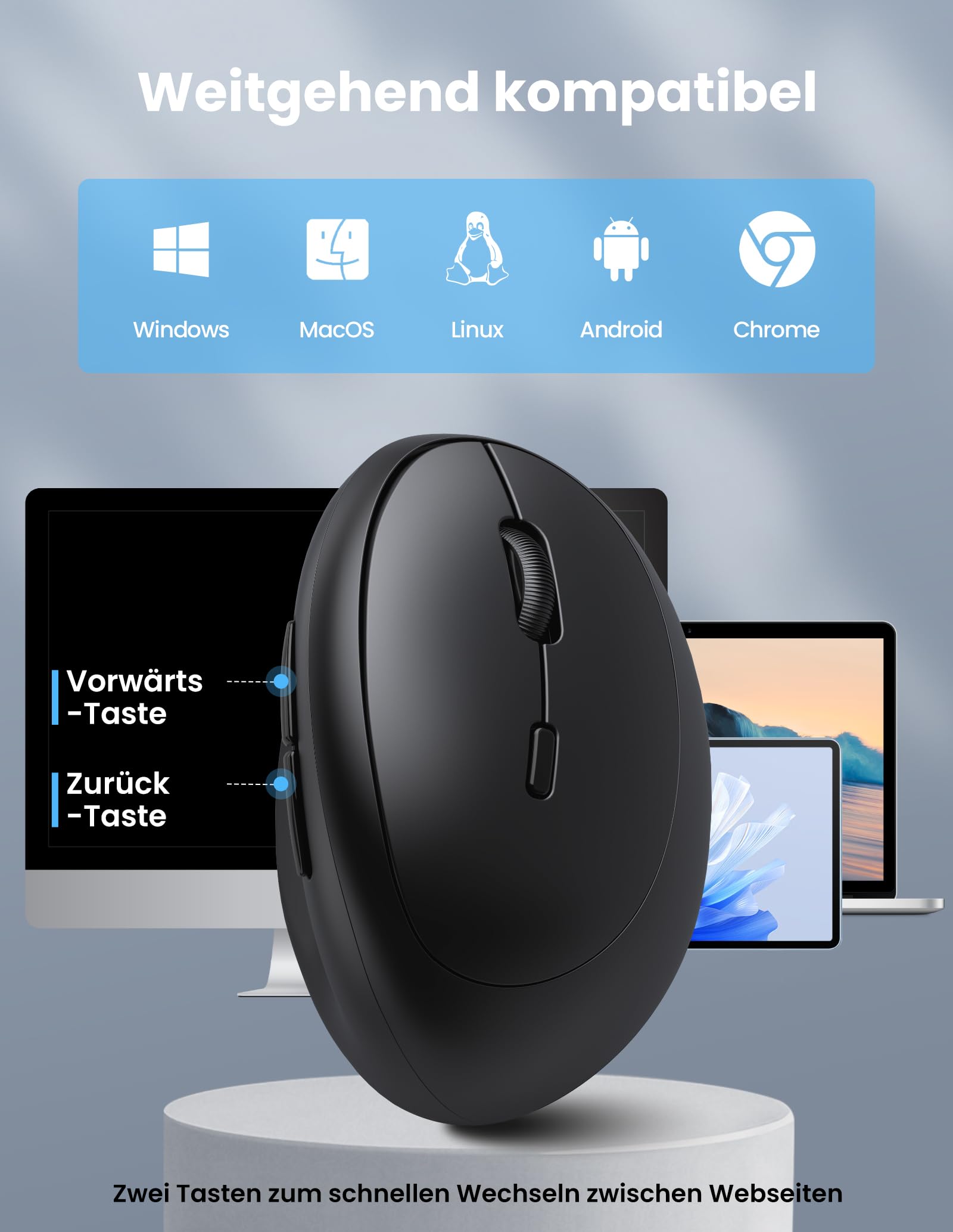 TECKNET Ergonomische Maus Bluetooth, Wiederaufladbar Maus Kabellos mit 3 Gerät (BT 5.0/3.0 + 2.4G), 6 Tasten, 4800 DPI Leise Vertikale Funkmaus für Laptop, Computer, iPad, Mac, Windows 8