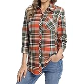 Fuinloth Women's Flannel Button Down Shirt, Plaid Long Sleeve Pure Cotton with Pocket