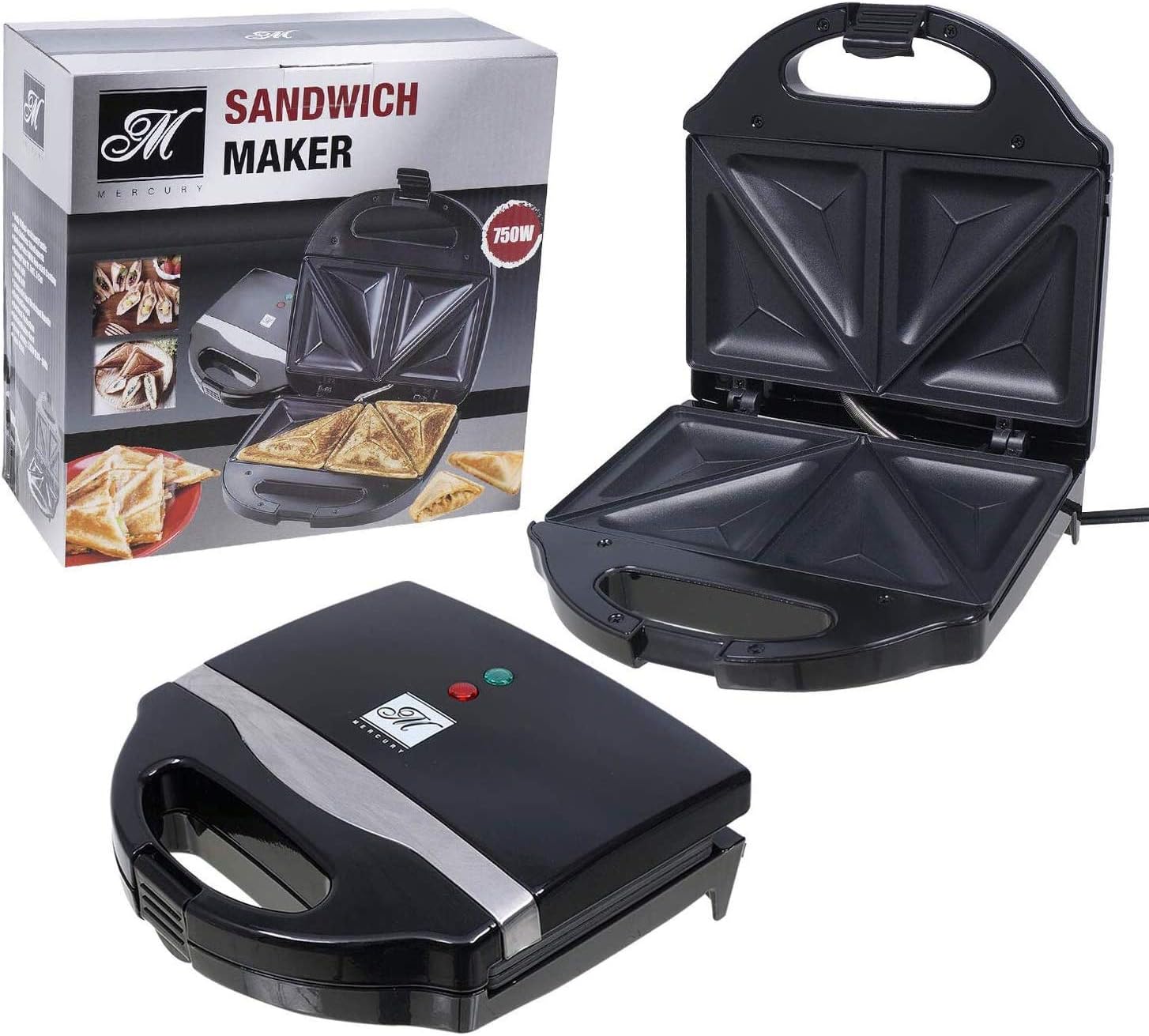 Mercury Sandwich Maker and Toaster with Baking Plates Non-Stick Surface, Black (46782)