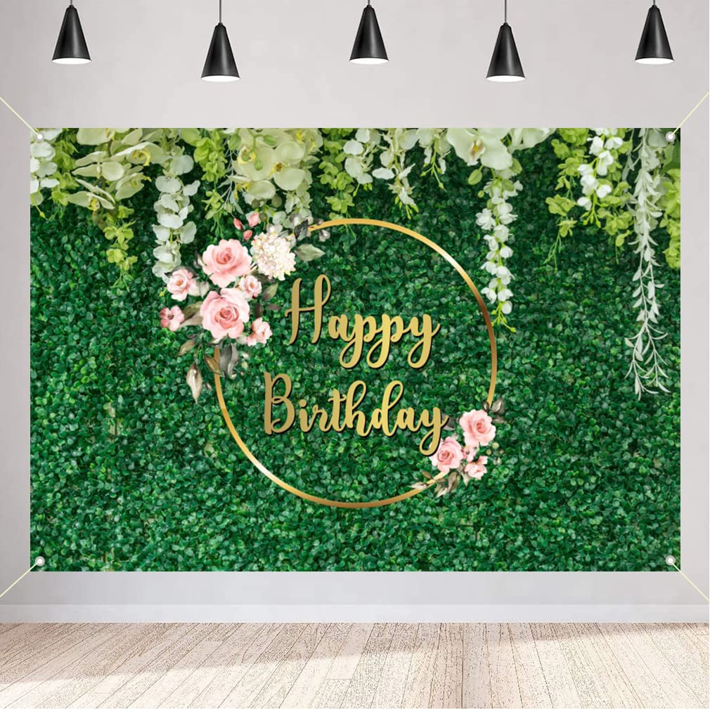 Happy Birthday Decorations for Women, Green Grass Backdrop Banner, Happy 20th 30th 40th 50th 60th 70th 80th 90th 100th Birthday Photo Background Party Supplies, Welcome Sign, 150cm x 90cm