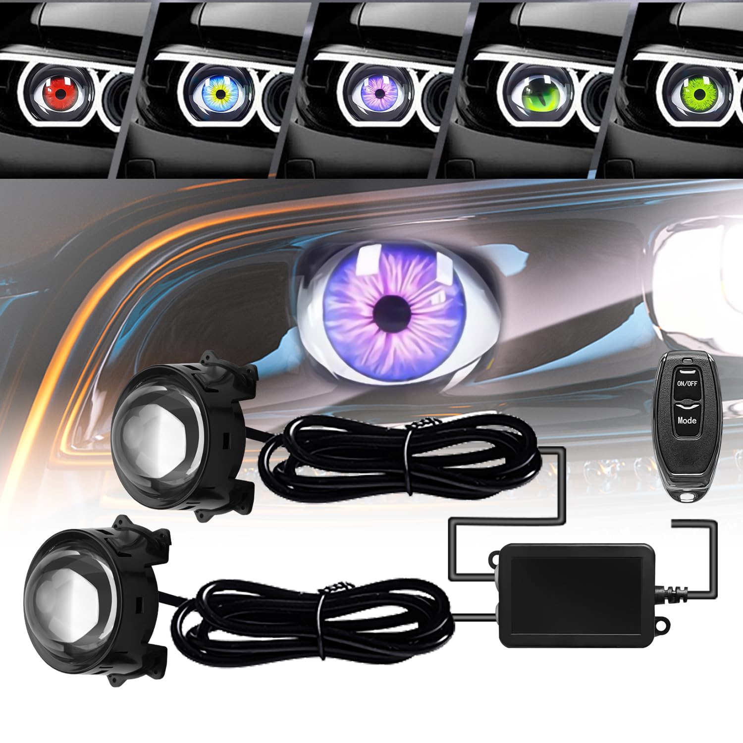 Photo 1 of (UNTESTED) spnanma Demon Eye Headlights for Cars and Motorcycles, 2PCS LED Dynamic Devil Eyes Light Kit with HD Lens, 6 Animated Eye Patterns, Universal 12-36V Eyeball Lights for Headlight or Fog Light