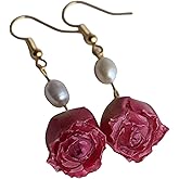 Red Rose Pearl Drop Earrings, Handcrafted Floral Dangle Earrings with Freshwater Pearls