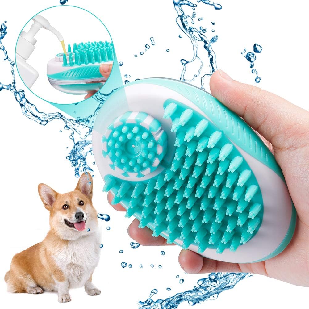 2 in 1 Pet Dog Massage Bath Brush, Grooming Brush with Shampoo Dispenser Shower Comb Soft Silicone for Dogs and Cats