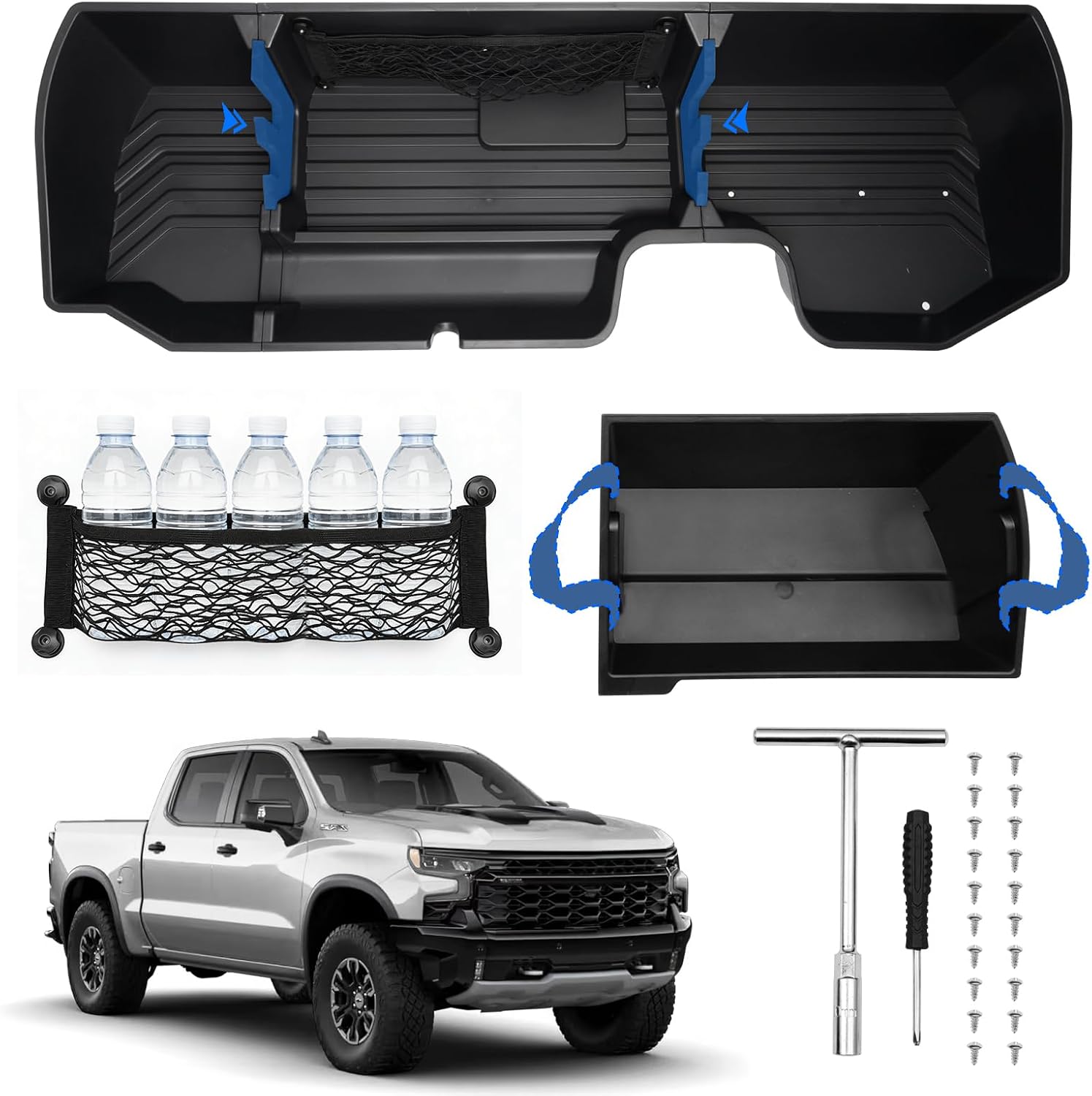 Detachable Under Seat Storage for 2019-2025 2026 Chevy Silverado/GMC Sierra 1500 2500HD 3500HD, Durable ABS Rear Underseat Organizer Box 6PCS Kit with Mesh Pocket & Inner Bin, Silverado Accessories