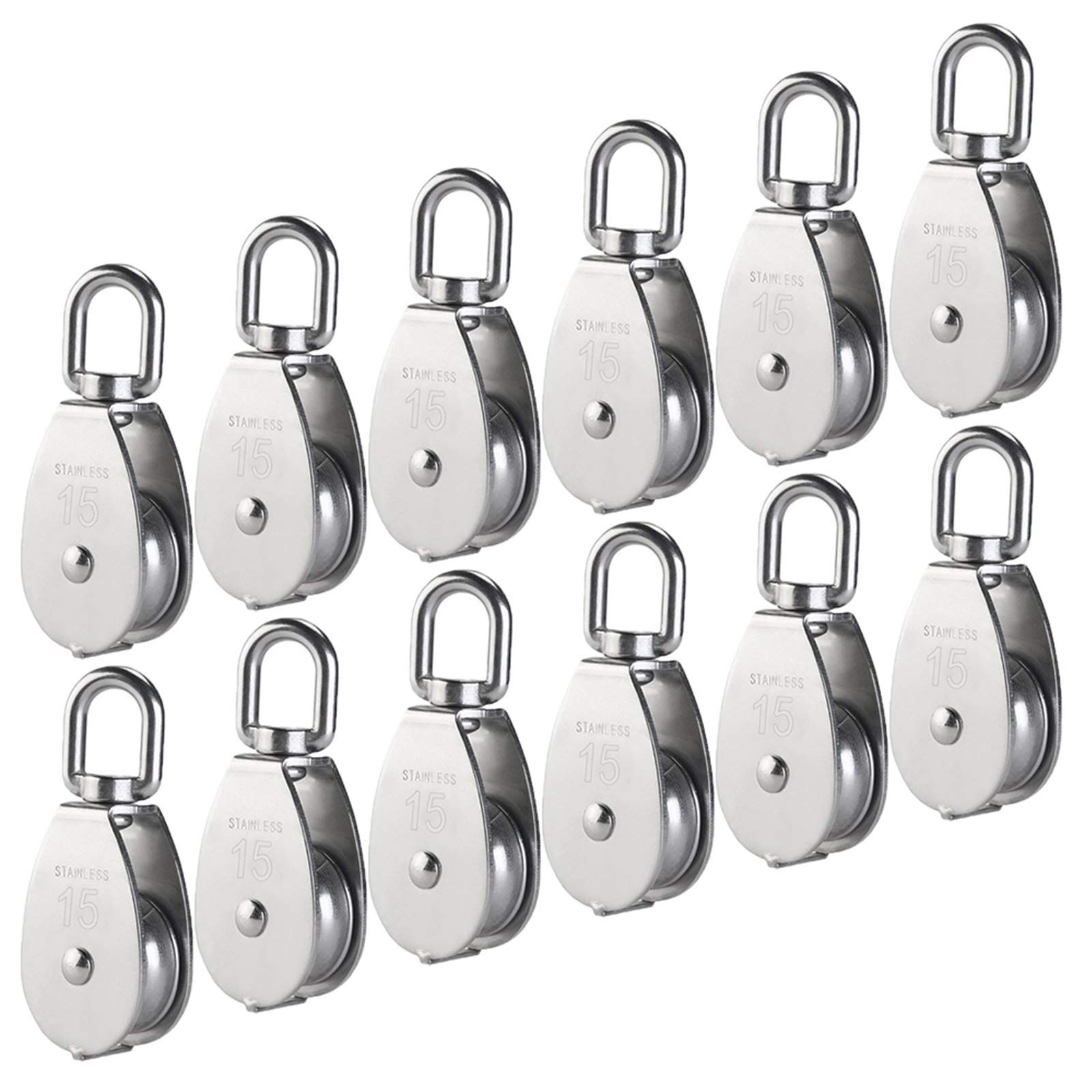 Photo 1 of 12Pcs Single Pulley Block (M15), AUHOKY 304 Stainless Steel Hanging Wire Towing Wheel, Swivel Lifting Wire Rope Cable Pulley Roller, Max-Load 35kg/77lbsLPNPMER2106826
