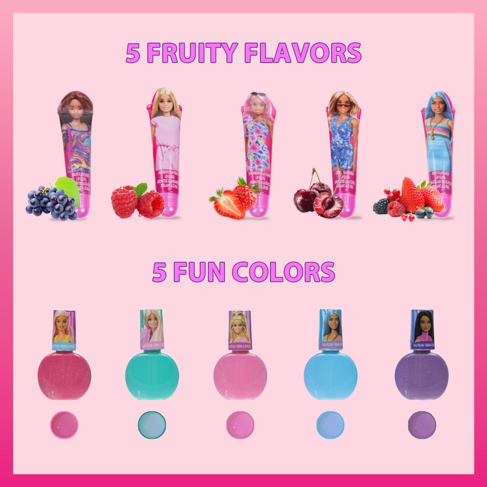 Barbie Cosmetic Makeup Set for Girls with Super Sparkly Lip Gloss Nail Polish and Nail Stickers 11 Pieces, Perfect for Parties Sleepovers Makeovers, Birthday Holiday Gift, Ages 3+, By Townley Girl