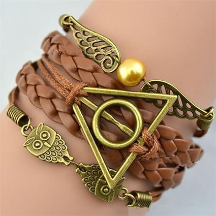 Armband Heiligtümer des Todes - Harry Potter - mit Schnatz (Snitch) und Schleiereulen, altgold - Deathly Hallows & Wings Owls