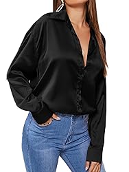MakeMeChic Women's Satin Silk Long Sleeve Blouse