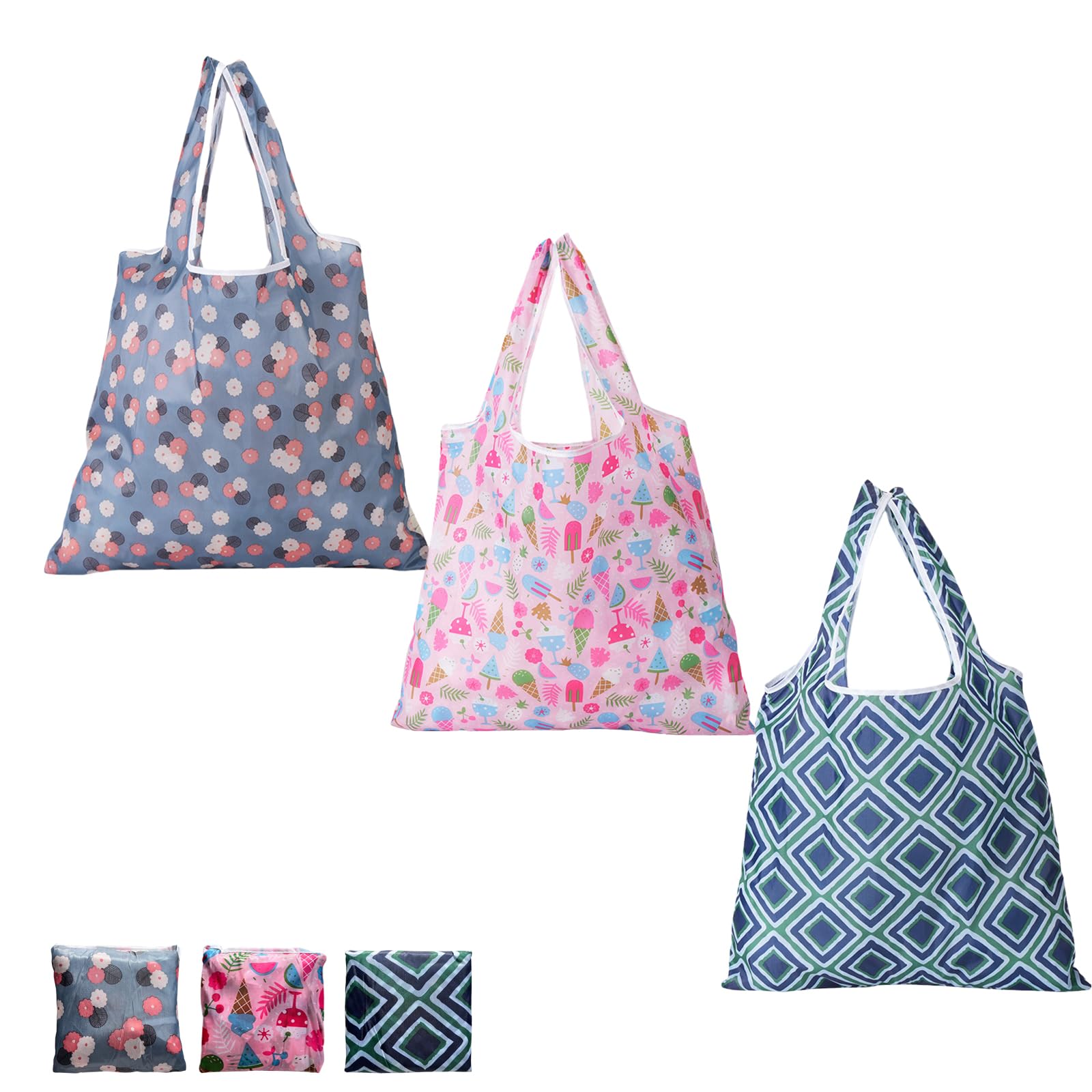 BAOWUABJ 3Pcs Reusable Shopping Bags, Foldable, Washable Grocery Bags Foldable in a Pouch Eco Tote Shopping Bag Groceries Tote Bags for Daily Shopping Loading (Mixed color-1)