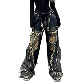 Y2K Baggy Distressed Wide Leg Jeans, Vintage Ripped Oversized Denim Pants with Raw Edges & Zipper Streetwear Details