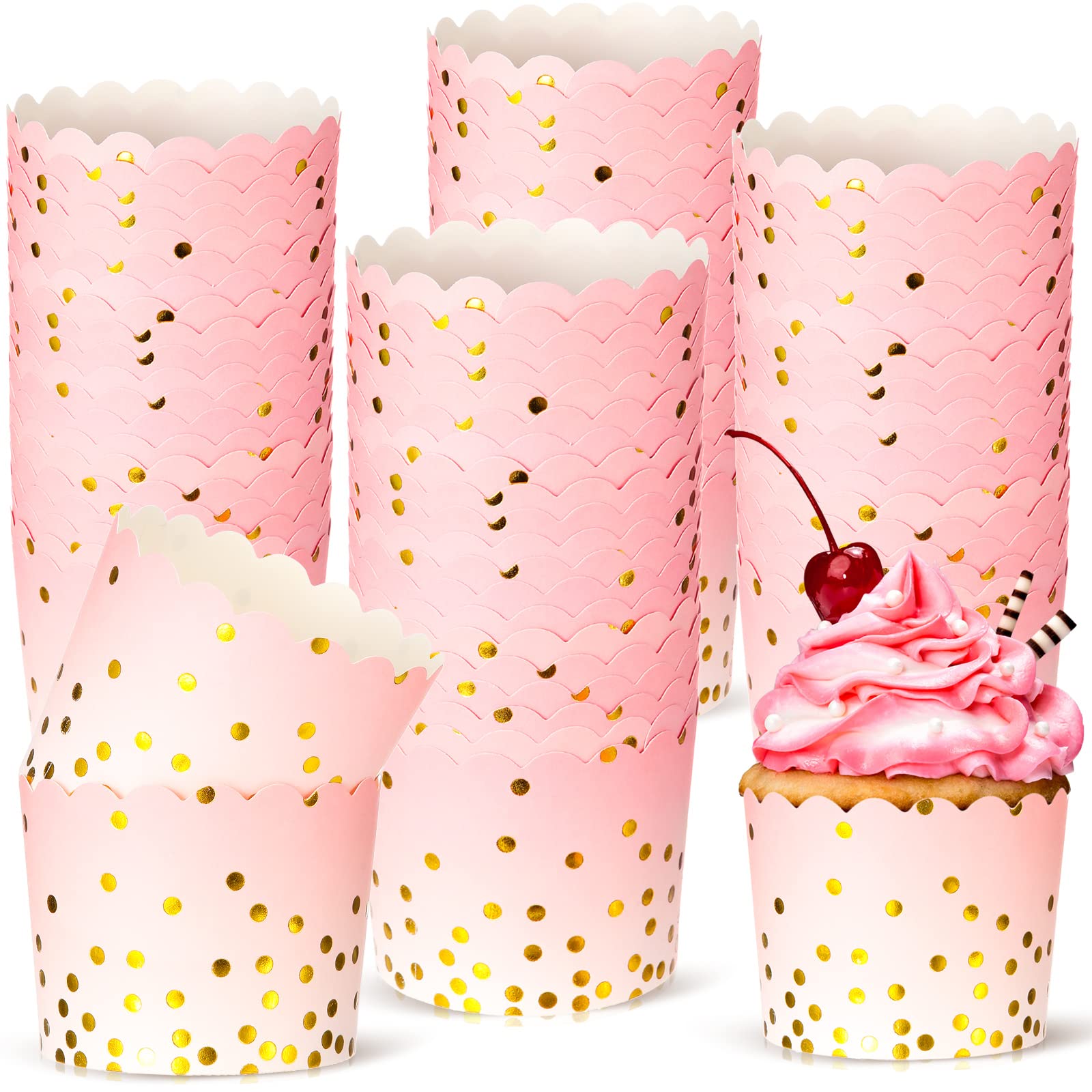 Photo 1 of 100 Pcs Pink Cupcake Liners 4.5 oz Gold Polka Dot Paper Baking Cups for Muffins Desserts Bake, Easter, Baby Showers, Wedding and Birthday Party