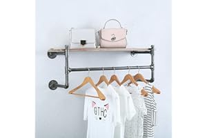 JIANZHUO Industrial Pipe Clothing Rack Wall Mounted with Real Wood Shelf,Rustic Retail Garment Rack Display Rack Cloths Rack,Pipe Shelving Floating Shelves Wall Shelf,36in Commercial Clothes Racks