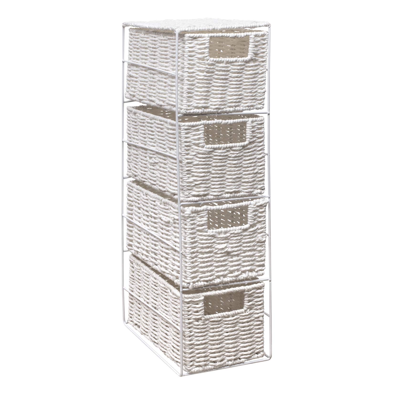 Woodluv 4 Drawer Paper Rope Tower Storage Unit With Metal Frame, Ideal for Small Bathrooms & Home Storage, White