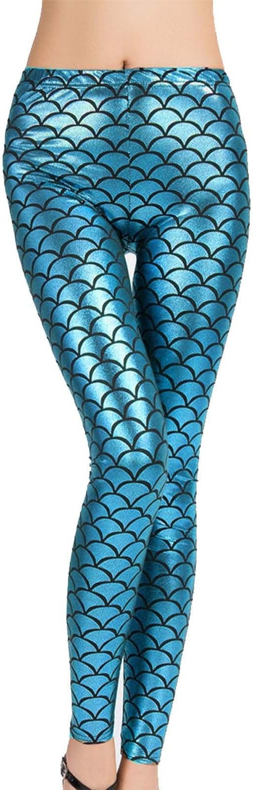 Kids Girls Fish Scale Leggings Mermaid Stretch Foil Wet Shiny Disco Party Pants