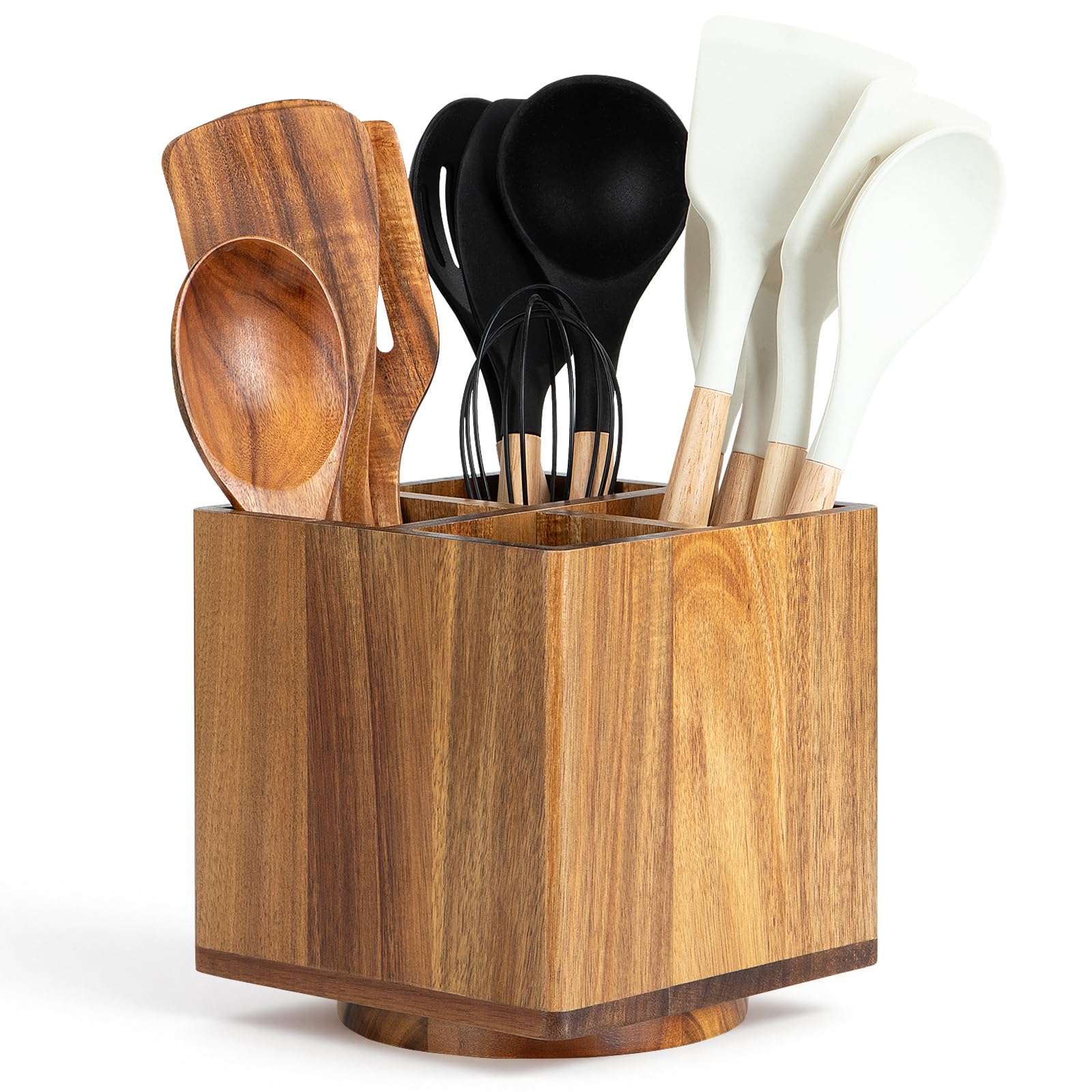 Photo 1 of NACIMAX Acacia Wood Extra Large Rotating Utensil Holder for Kitchen Counter, Wooden Utensil Holder with 4 Compartments