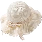 HATONHINT Little Girl Straw Hat UPF 50 Kids Summer Beach Packable Beach Hats Toddler Girl Cute Floppy Bowknot Bucket Hats