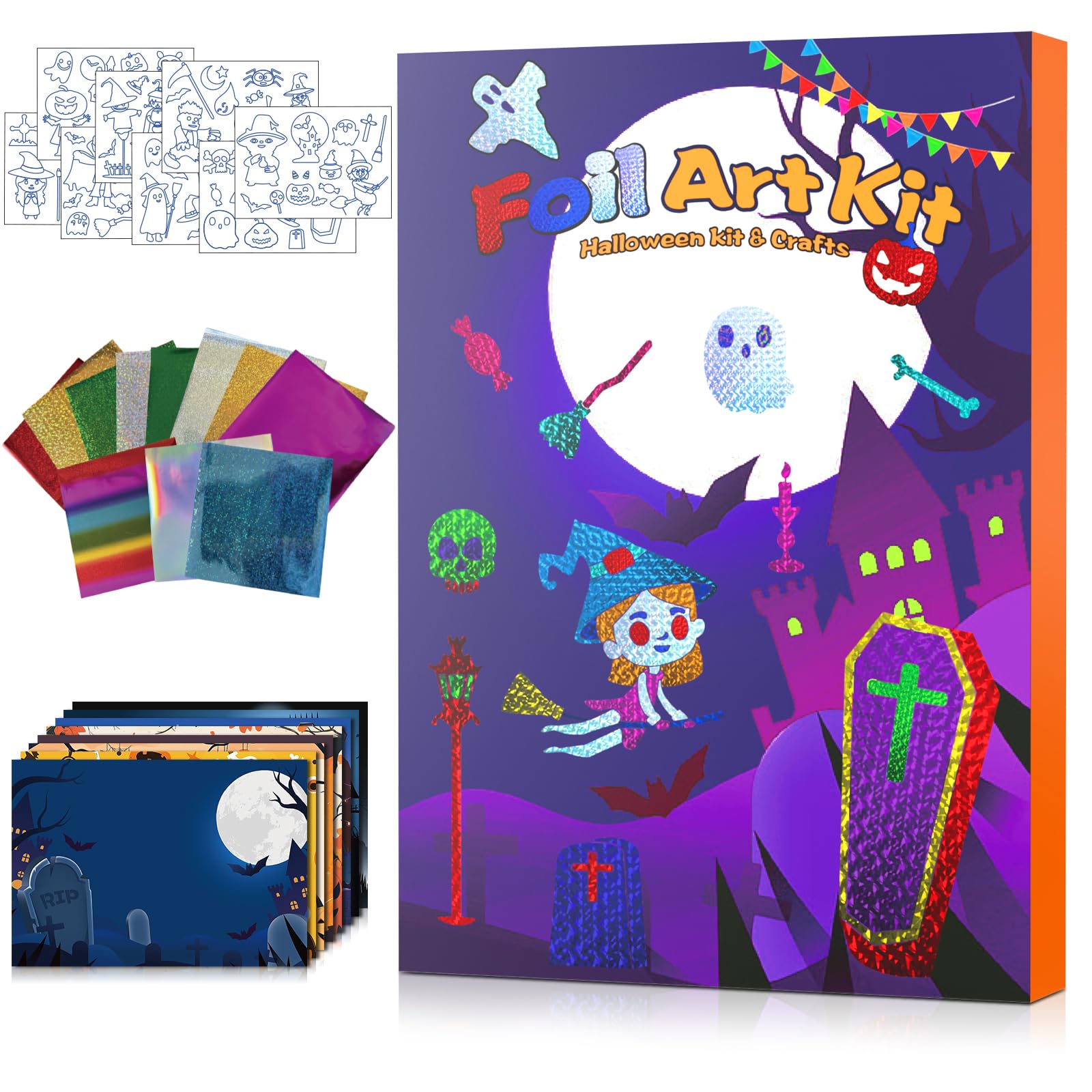 Photo 1 of Halloween Foil Fun Crafts Kit for Kids - DIY Gifts Foil Art Mess Free Activity for Travel & Friends Party & Family Gatherings, Halloween Toys Gifts for Girls Boys Ages 4-13 (Witches Pumpkins)