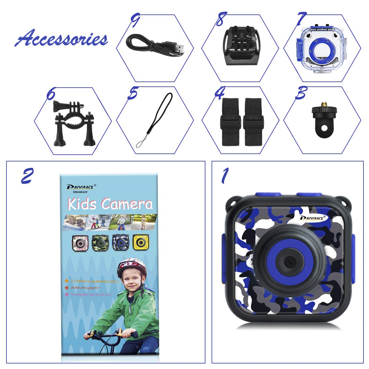 PROGRACE Children Kids Camera Waterproof Digital Video HD Action Camera 1080P Sports Camera Camcorder DV for Boys Birthday Learn Camera Toy 1.77\'\' LCD Screen