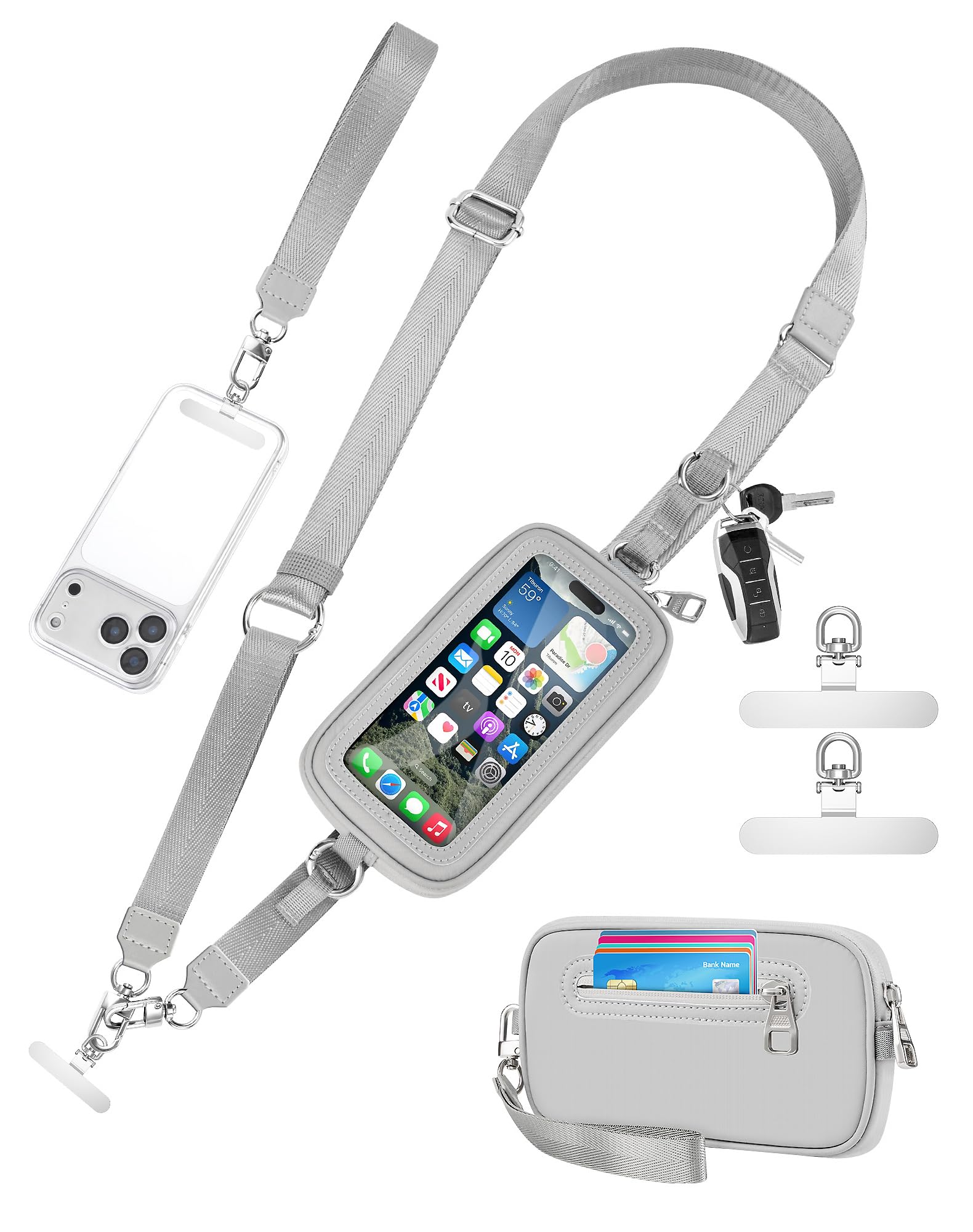 SHANSHUI Clip and Go Strap for Phone with Wallet Crossbody Lanyard, Detachable Wristlet Strap with Zipper ID Window Credit Card Pocket, 2 Pcs Tether Tabs Compatibe for iPhone & Most Smartphones Gray