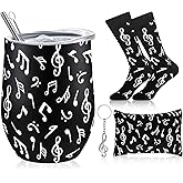 Sliner 4 Pcs Music Lover Gifts for Women Men Valentine's Day Music Teacher Gifts Musical Note Wine Tumbler Socks Makeup Bags Keychains for Choir Marching Band Musicians Singers Accessories (Black)