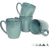 Bosmarlin Ceramic Coffee Mug Set of 4, 17 Oz, Coffee Cups with Big Handle, Microwave Safe, Unique Reactive Glaze (Lake Green, 17 Oz)