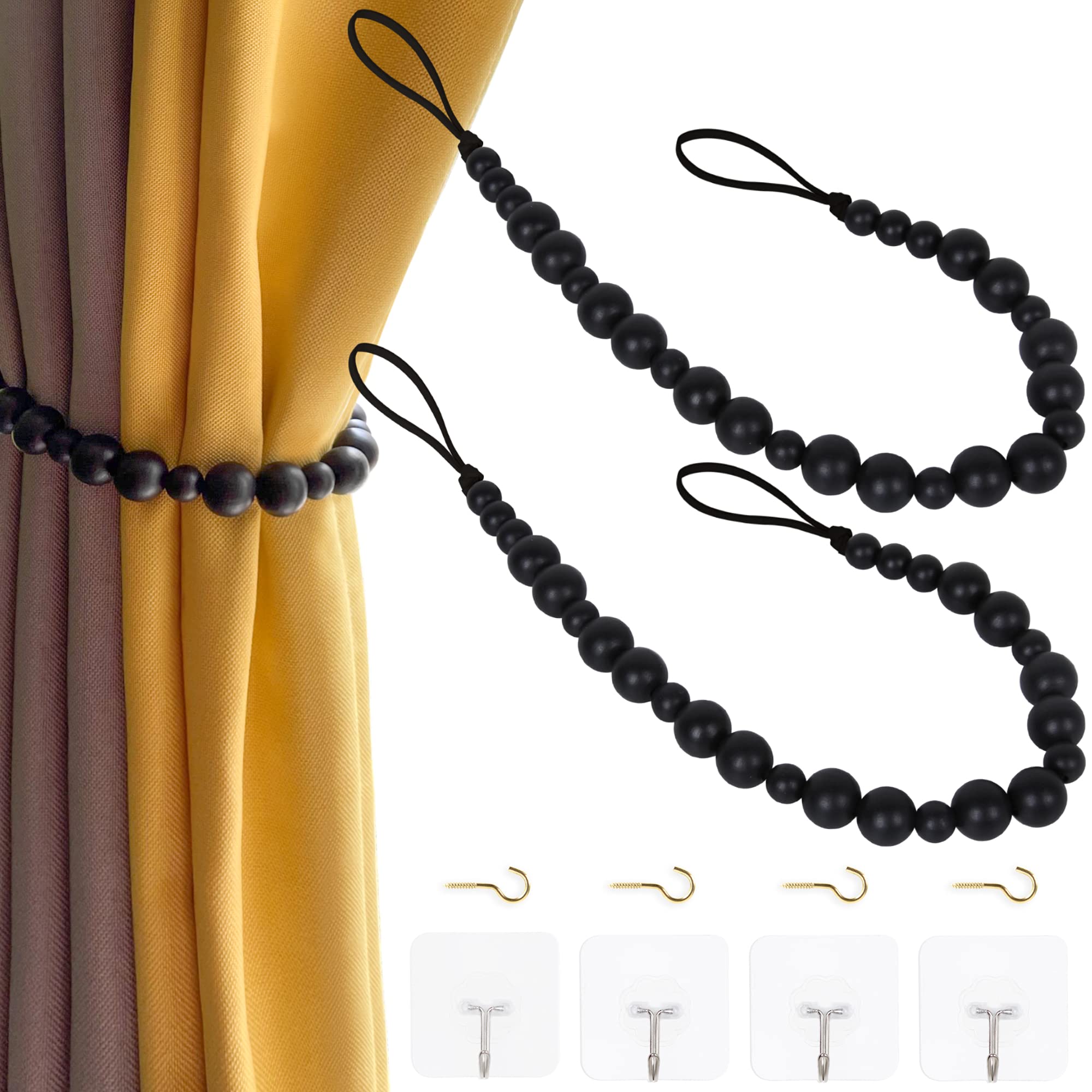 2 Pieces Wood Bead Curtain Tieback Boho Curtain Tiebacks Curtain Holdbacks for Wall Curtain Ties Window Treatment Drape Tie Back with Hooks for Bedroom Wall Dining Decoration(Black Color,2) — image 1