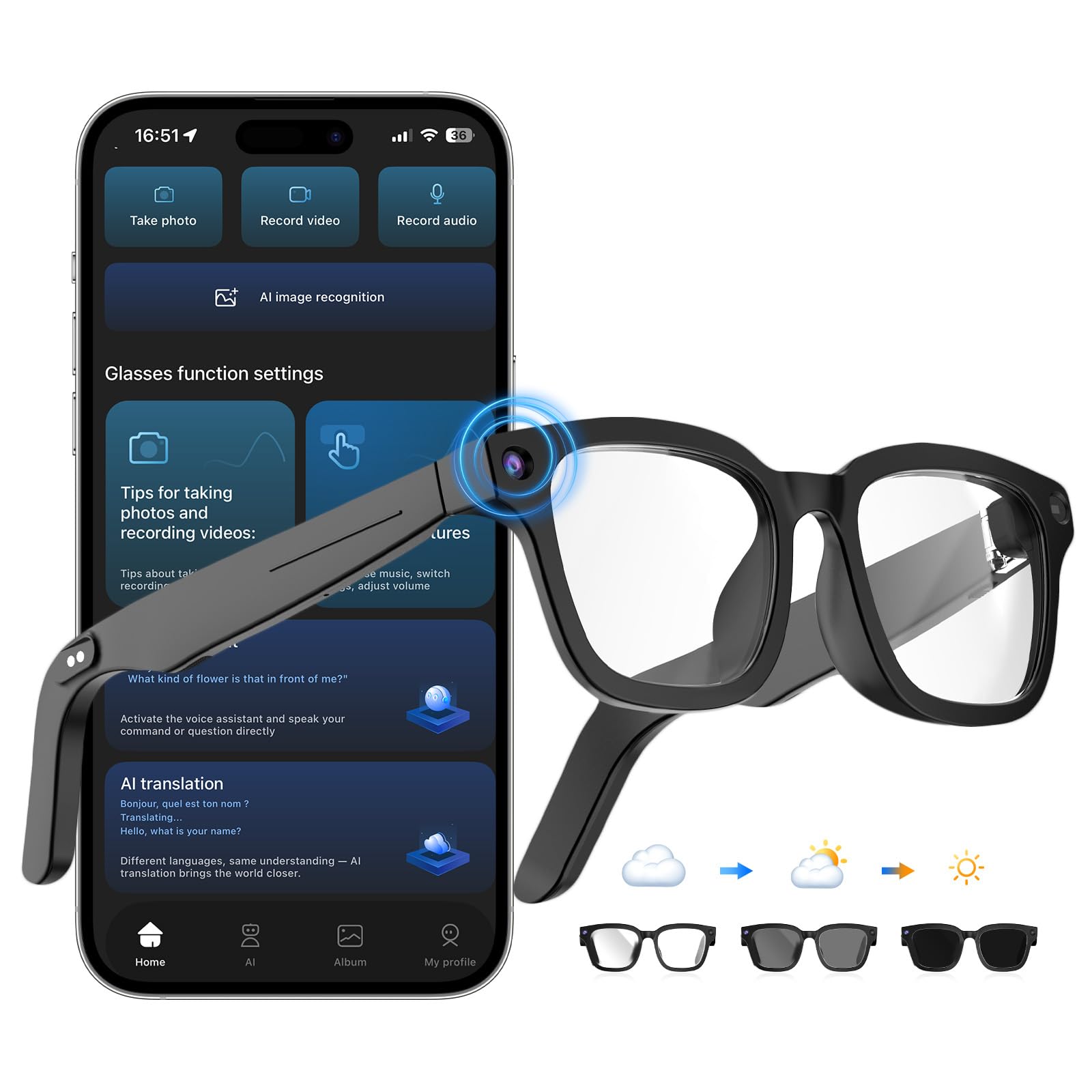 Photo 1 of Oucscru AI Smart Glasses with ChatGPT, 8MP Camera Glasses with Camera and Audio, AI Translation Sunglasses with 164 Languages, Bluetooth Sunglasses with Voice/Calling, 8-Hour Music, Photochromic Lens