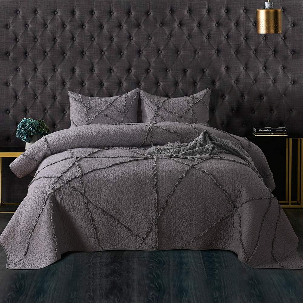 NEWLAKE Bedspread Coverlet Set-3 Pieces Reversible Quilt Sets,Pure Gray with Stitching Striped Pattern,Queen Size