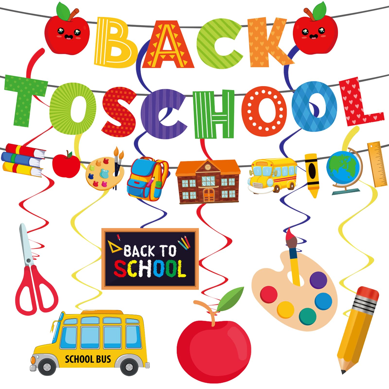 Photo 1 of Back to School Banner Decorations, Colorful First Day of School Banner Back to School Hanging Swirls Apples Globe Crayon Schoolbag Garland for Home Office School Classroom Party Decor