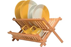 Bambüsi Bamboo Dish Drying Rack - Collapsible 2-Tier Dish Drainer Kitchen Plate Rack for Kitchen Countertop - Foldable & Compact for Space-Saving Storage