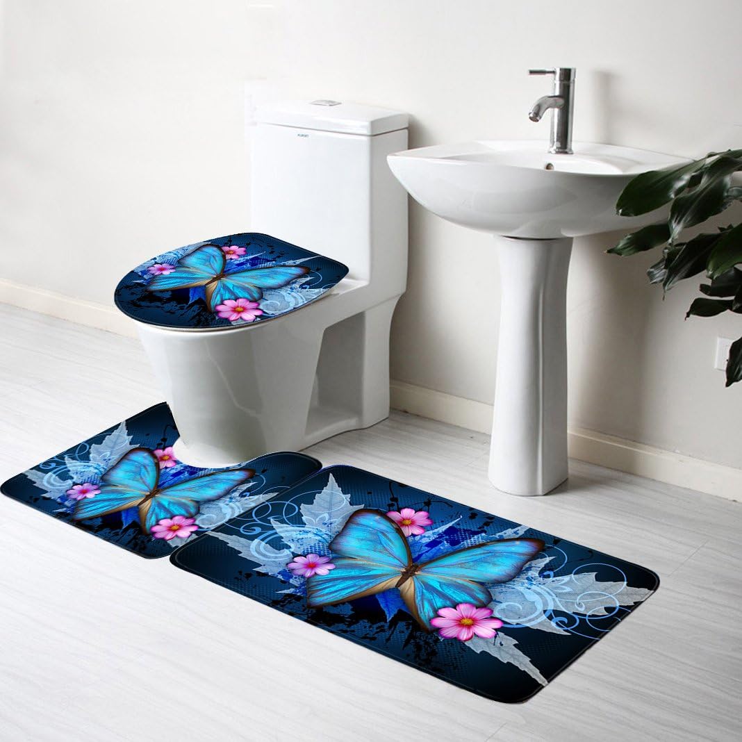 Bath Mats Set Flannel Bathroom Carpet, Bath Mats Kit PVC Non Slip Door Mats Toilet Cover Mats and U Shaped Mats Bathroom Water Absorption Rugs Butterfly Pattern Toilet Cover Mats Set 3 PCS per Set