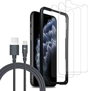 Tech Armor Ultimate Protection Bundle for Apple iPhone 11 Pro, Xs, X - Apple MFi Certified Lightning Cable [Space Gray] and Ballistic Glass Screen Protector [3 Pack] with Easy Installation Tray