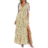 Wenrine Womens Summer Floral Maxi Dress Tie Strap Sleeveless V Neck High Slit Boho Ruffle Tiered Beach Dresses