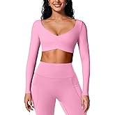 BRXL Long Sleeve Workout Crop Top for Women Built in Bra Gym Athletic Tops Deep V Neck Ruched Padded Dance Sexy Shirts