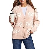 Astylish Womens Open Front Knit Cardigan Sweaters Button Down Bow Printed Outwear Coat with Pockets