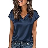 Zeagoo Women Silk Satin Tops Cap Short Sleeve Blouse V Neck Shirts Business Casual Outfits S-2XL
