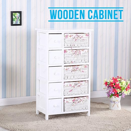 Amazon Com Suncoo Retro White Wood Shabby Chic Nightstand End Side Bedside Table W Wicker Storage 5 Drawers W Wicker Baskets Kitchen Dining