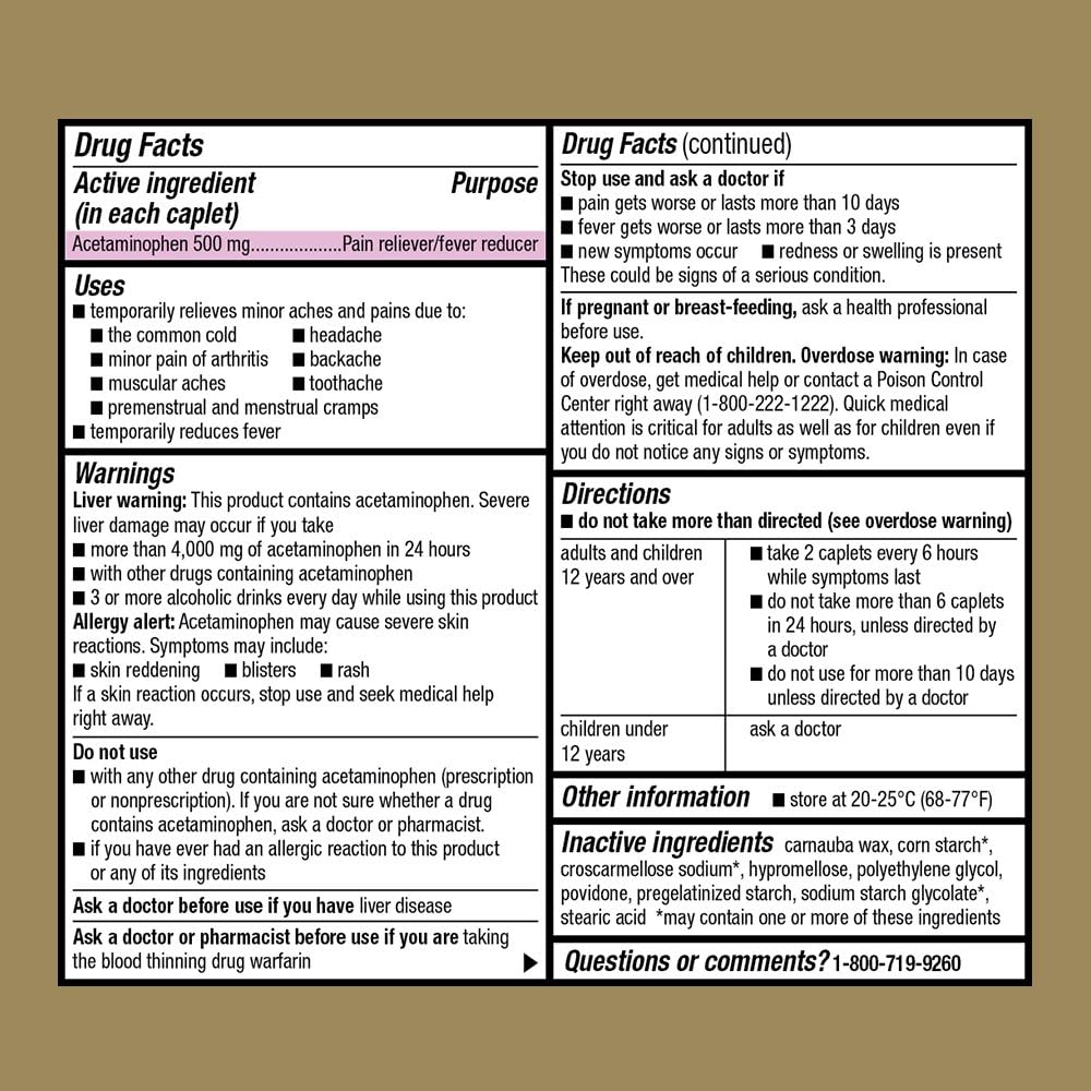 GoodSense Extra Strength Pain Relief, Acetaminophen Caplets, 500 mg, Temporarily Relieves Minor Aches and Pains and Reduces Fever, 500 Count: Health & Personal Care