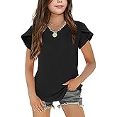Arshiner Girls T Shirts Double Layer Ruffle Short Sleeve Casual V Neck Kids Summer Tops Blouse Tee