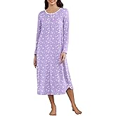 Ekouaer Women's Long Sleeve Nightgown Long Sleepshirt Henley Nightgowns Full Length Sleep Dress with Pockets S-3XL
