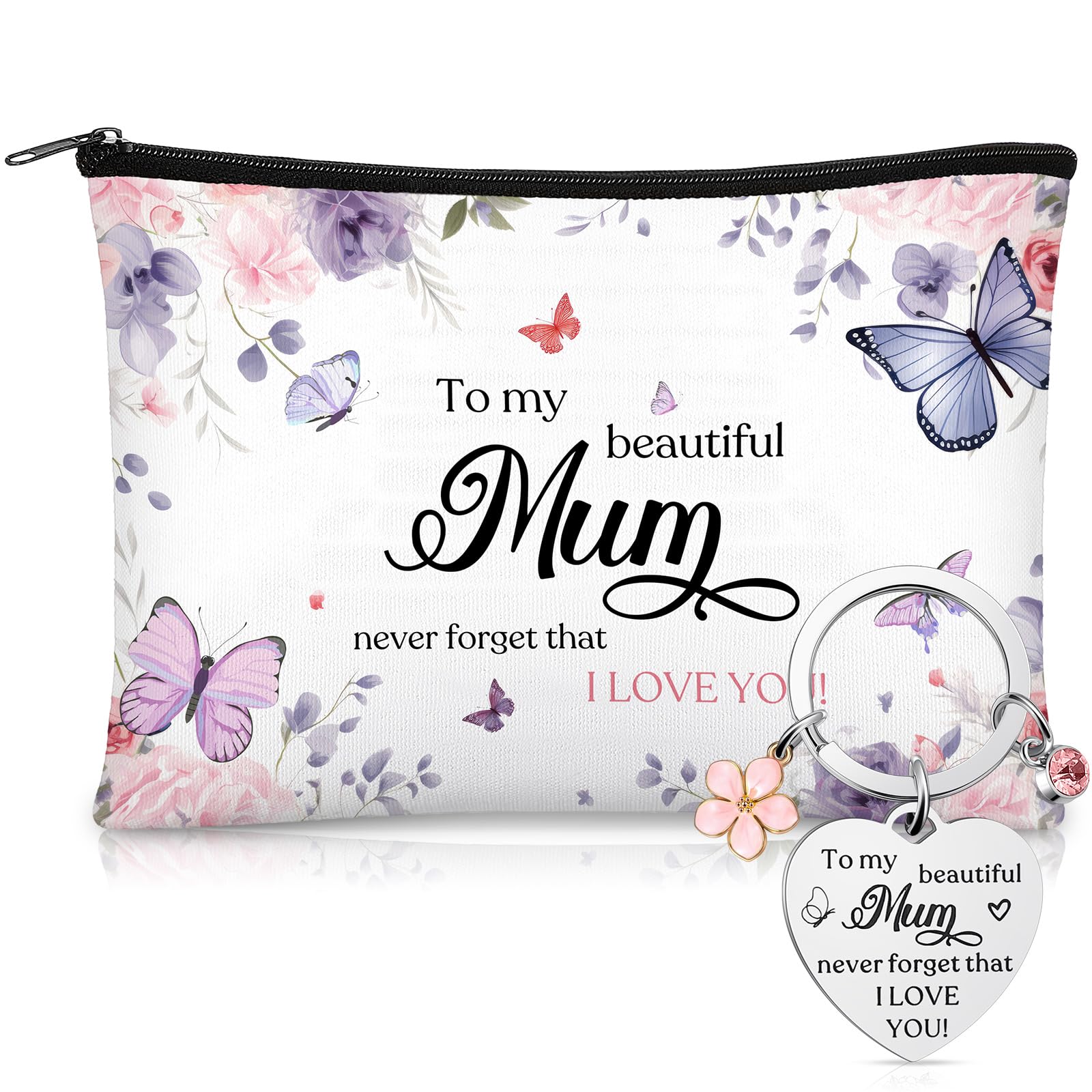 Xuniea Gifts for My Beautiful Mum 1 Pcs Makeup Bag 1 Pcs Keychain for Mom, Mum Appreciation Gifts from Daughter
