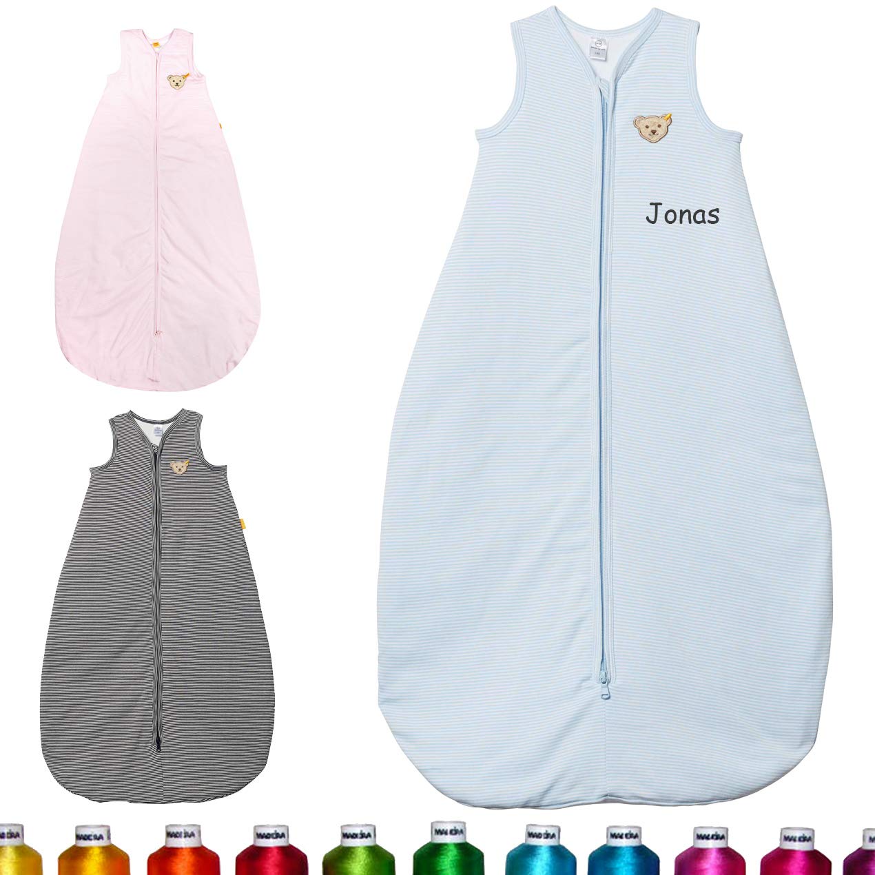 LALALO Steiff Baby Schlafsack bestickt mit Namen, Ganzjahres Babyschlafsack ohne Ärmel, Junge