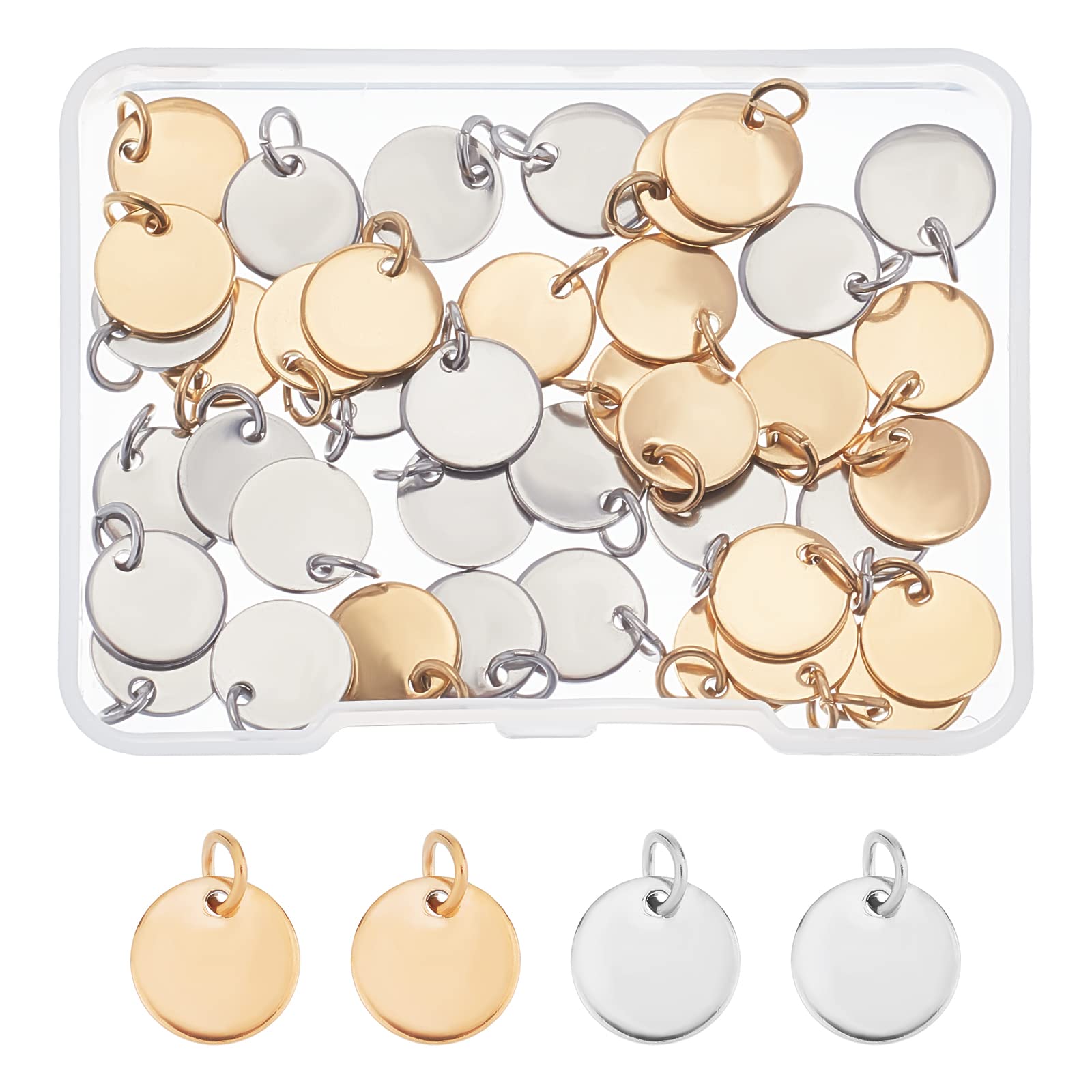 SUPERFINDINGS 40Pcs 2 Color Blank Stamping Message Word Tag Pendants 10mm in Diameter 304 Stainless Steel Flat Round Charms with Jump Rings Golden Stainless Steel Color Stamping Tag Charms