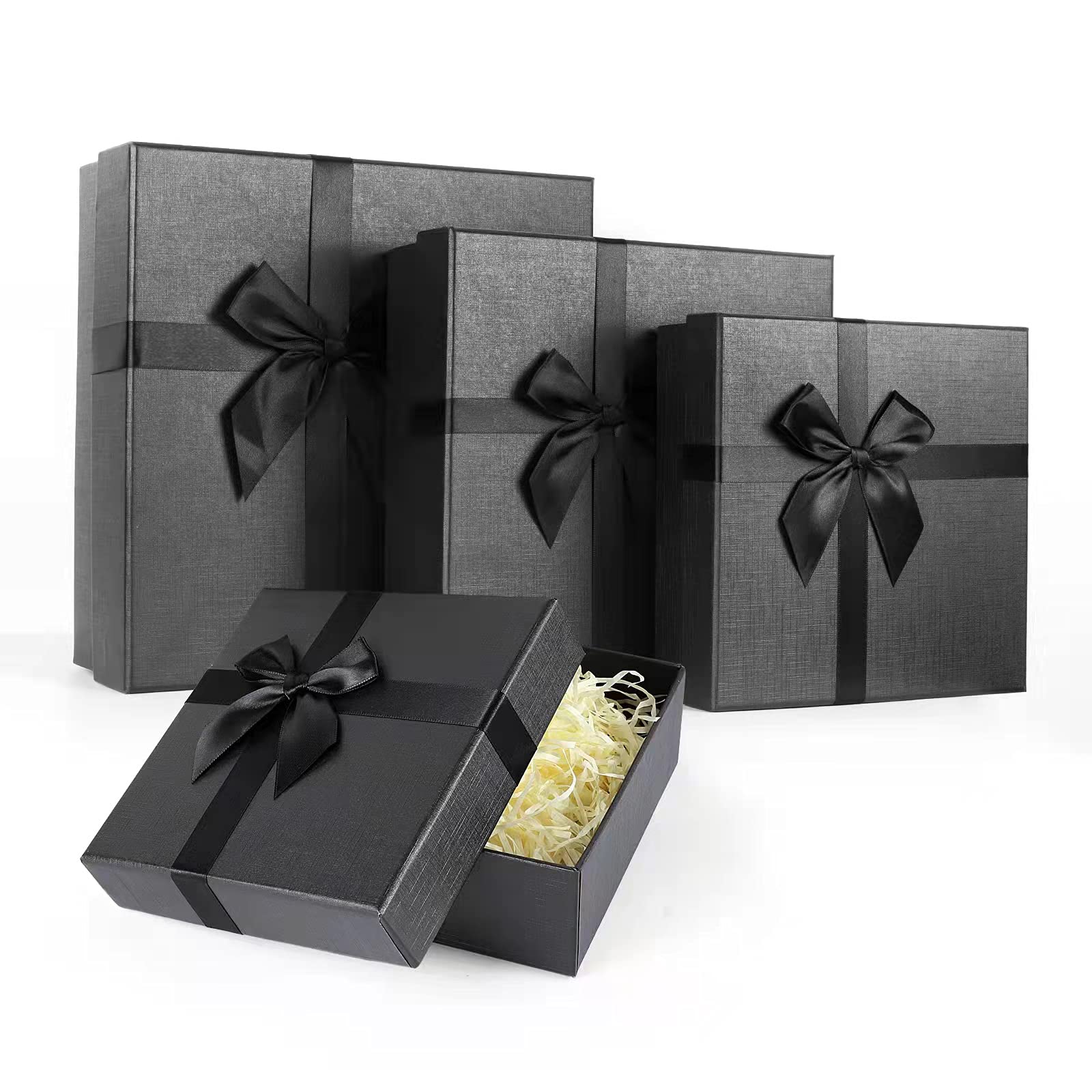 Black Gift Boxes for Presents, Set of 4 Nesting Gift Boxes with Lids, Luxury Gift Box for Valentine's Day,Christmas, Holiday, Birthdays, Weddings, and All Gift Giving Occasions