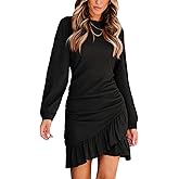 CUPSHE Women Knit Ruched Fall Dress Smocked Ruffle Hem Crew Neck Long Sleeve Bodycon Sexy Casual Holiday Mini Dress