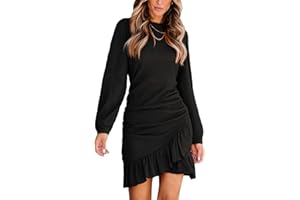 CUPSHE Women Knit Ruched Fall Dress Smocked Ruffle Hem Crew Neck Long Sleeve Bodycon Sexy Casual Holiday Mini Dress
