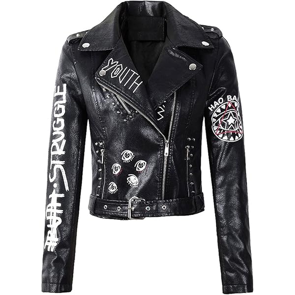 Alloaone Women Spring Autumn Slim Rivet Graffiti PU Leather Jacket