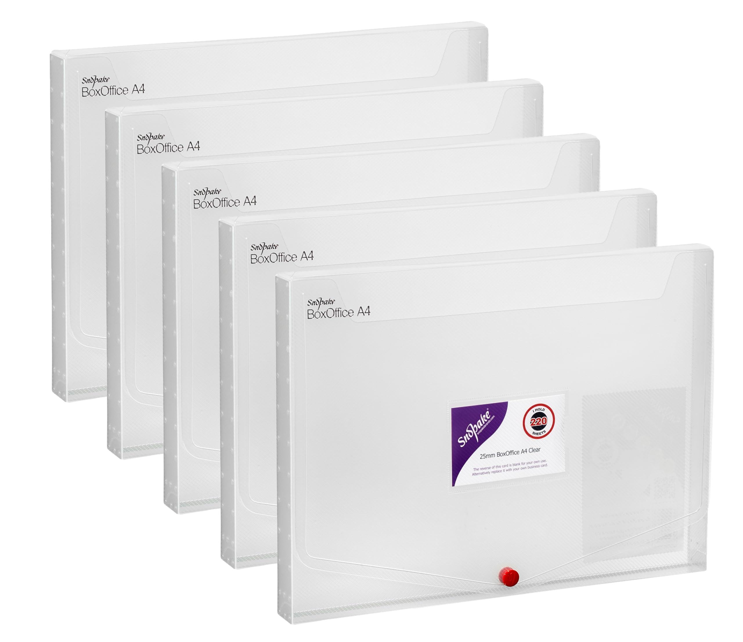 Snopake A4 25 mm BoxOffice – Clear [Pack of 5] Polypropylene Storage Box with Business Card Holder [13733]